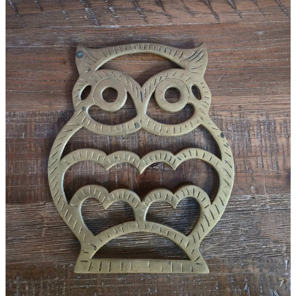 Vintage MCM Solid Brass Owl Trivet Heavy 8